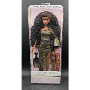 Naturalistas Dayna Doll With Natural Curly Hair & Stylish Gold Dress Set 8-Piece